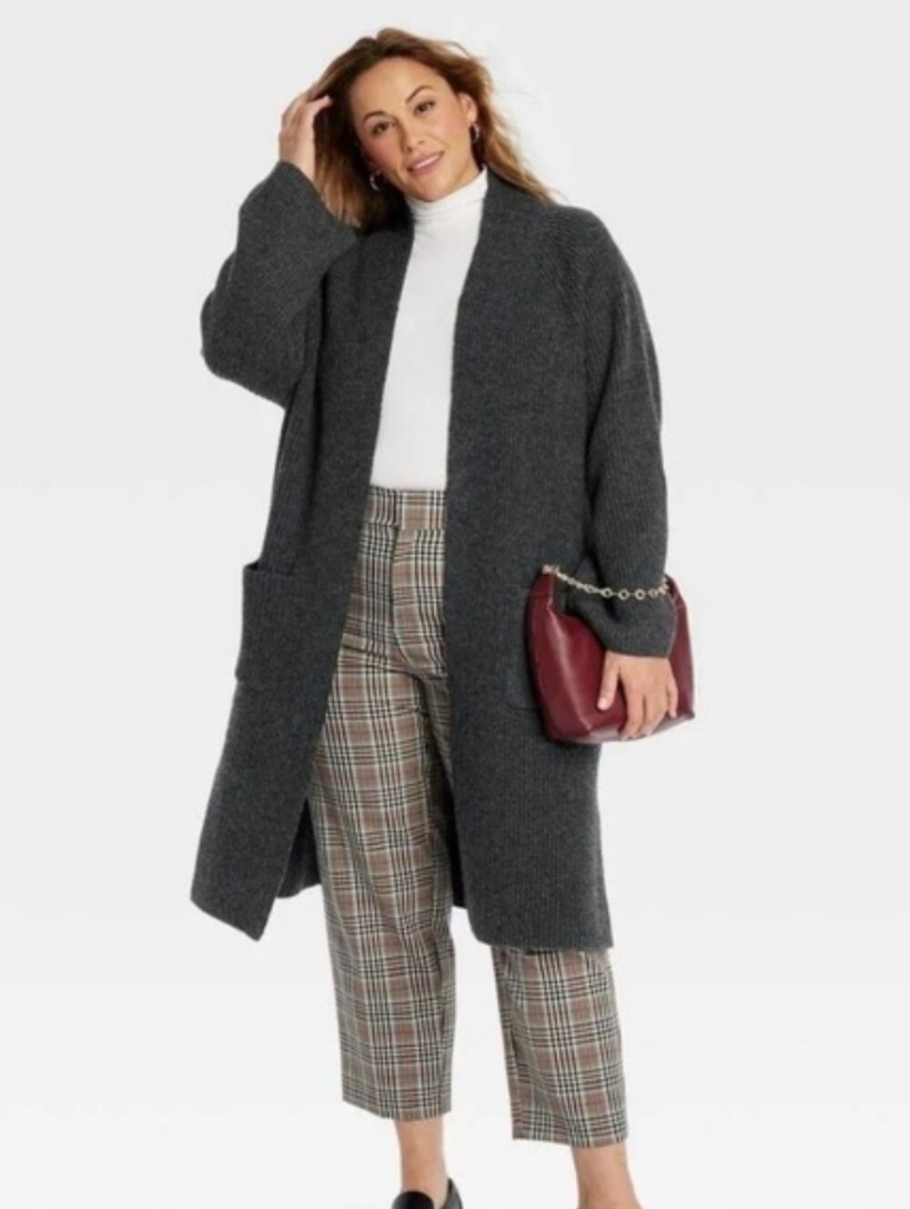Ava & Viv Charcoal Gray Ribbed Open Cardigan